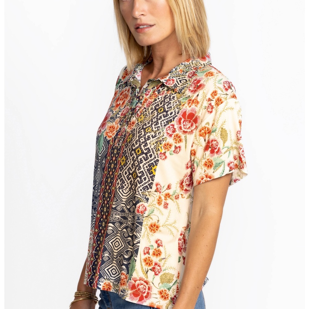 Johnny Was - Shirt - AZTEC FLOWER POLO TEE
